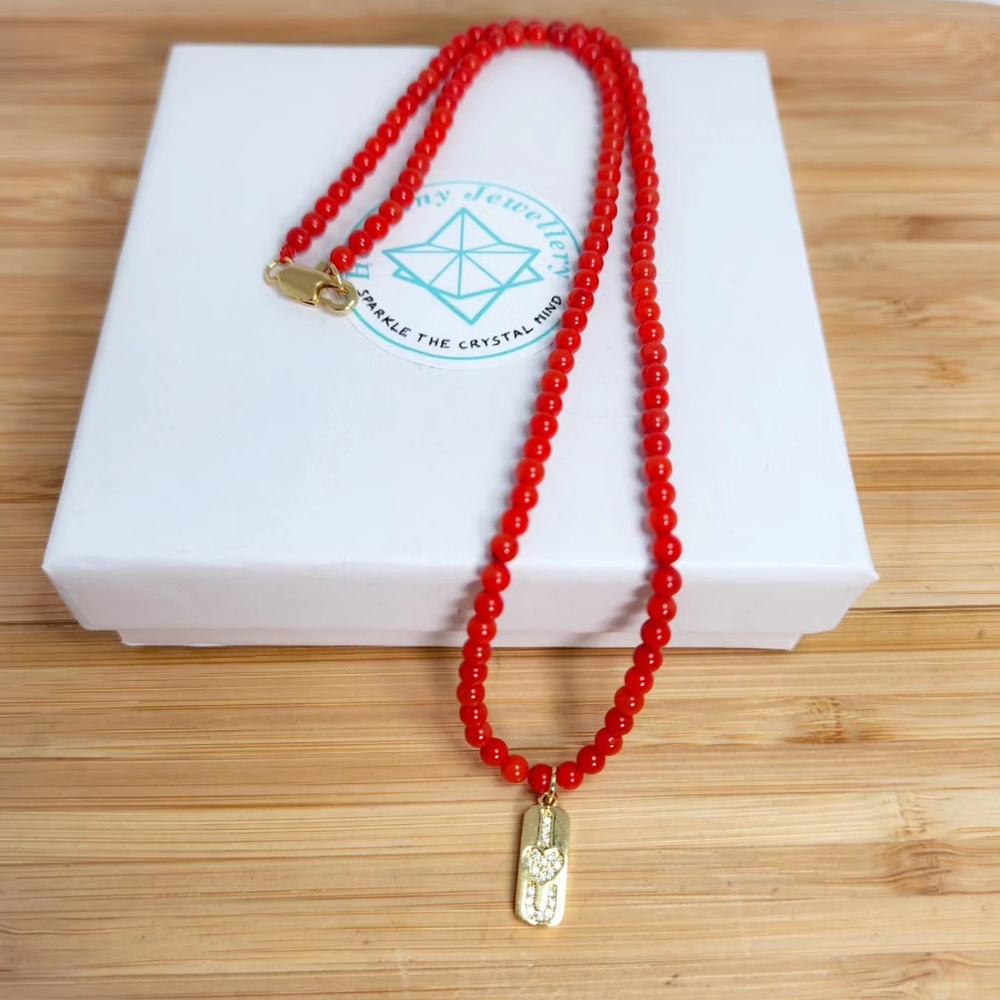 4 mm Red Coral Gold plated charm necklace